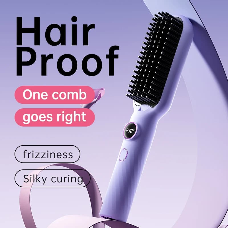 Hot air brush for hair, mini smoothing plate with temperature control, ceramic brush to smooth and curl hair.