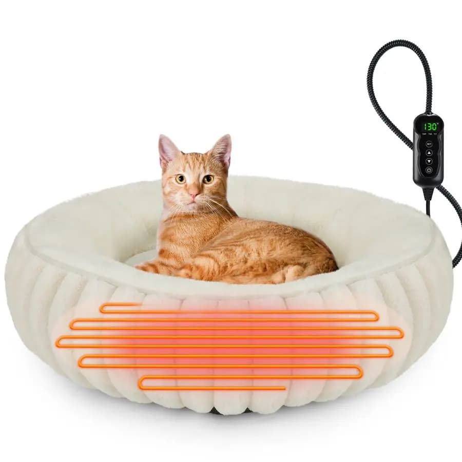 Cucce Riscaldate per Gatti da Interno e Cani di Piccola Taglia, 20 Comode Cucce Riscaldate a Ciambella con Timer e Temperatura Regolabili, Impermeabili e Rimovibili