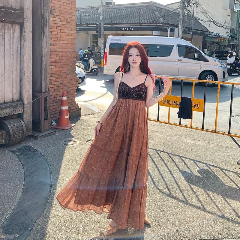 Retro Coffee Velvet Sequin Patchwork Dark Pattern Multi-layered Strap Dress Beach Island Holiday Long Gown Casual Princess Skirt