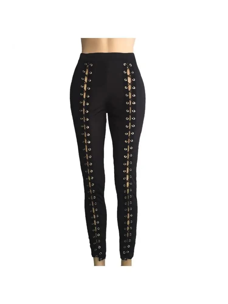 Leggings neri da donna Sexy Strapping Strand corda vuota Slim Fit esterno indossando pantaloni con fori frontale viola rosso misura grande quattro