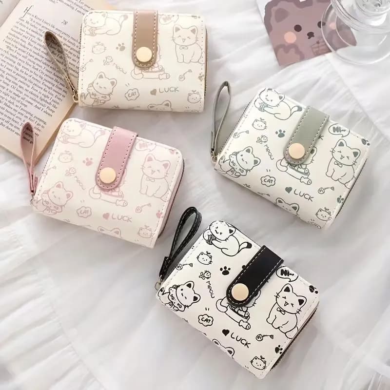Cute Bear-Patterned Women's Wallet, Original Minimalist Style, Japanese-Style Three-Fold Wallet, Short Coin Purse for Girls