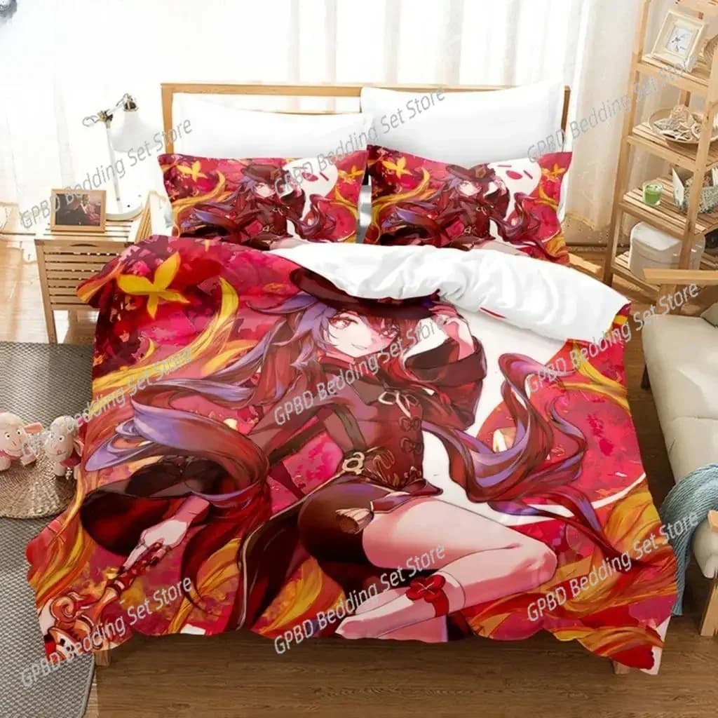 Anime Hu Tao Genshin Impact 3D NUOVO Copripiumino Federa Set biancheria da letto Ragazza per adulti Decorazione camera da letto Bambini Singolo Doppio Grande