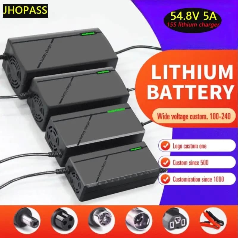 Smart Charger HD 15S LED 54.8V 5A LiFePO4 lithium-ion batteries for scooters, motorcycles, e-bikes, AC110V-220V, with EU plug, AU, UK.