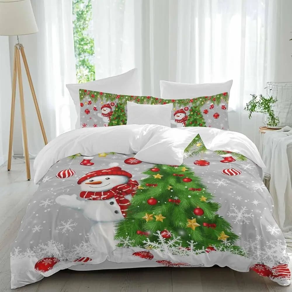 Set di lenzuola natalizio, motivo uomo di Natale, palline e aghi di pino, grigio invernale, 4 pezzi, set copripiumino traspirante, biancheria da letto accogliente