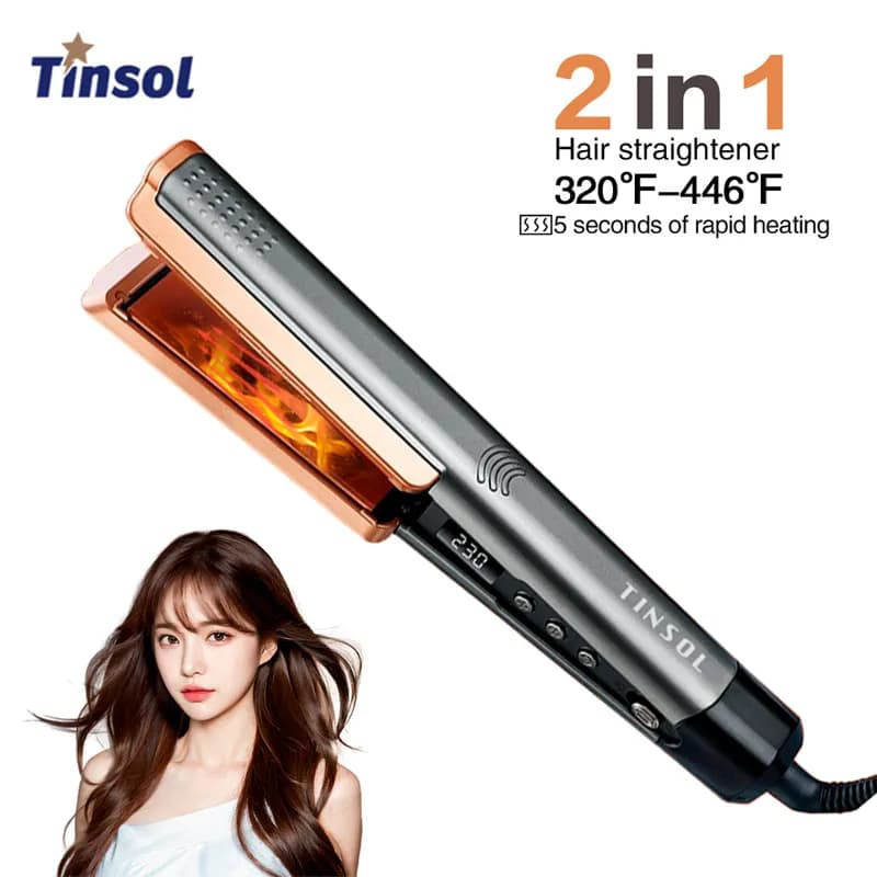 Piastra per capelli arricciacapelli 2 in 1 con piastra per capelli professionale in ceramica a pannello largo LCD con temperatura regolabile