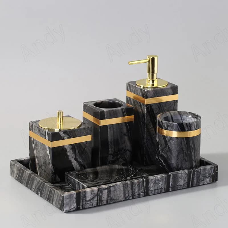 Bagno in marmo naturale Set da cinque pezzi processo di placcatura in oro Set di portaspazzolino per Hotel soggiorno da casa vassoio da scrivania