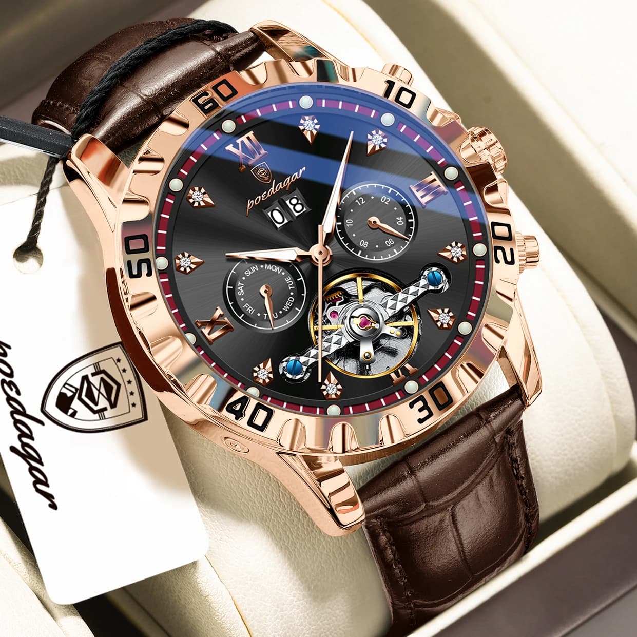 Orologio da Uomo POEDAGAR di Alta Gamma, Meccanico con Cinturino in Pelle, Data, Giorno della Settimana, Tourbillon Cavo, Automatico, Moda Maschile