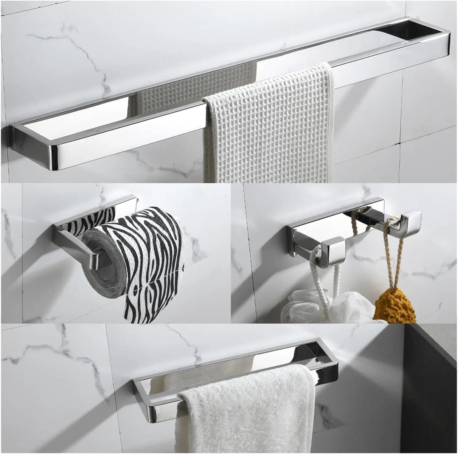 Set di 4 Portasciugamani Cromati per Bagno, Kit di Accessori in Acciaio Inox da Parete per Arredamento Moderno