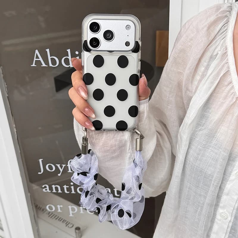 Korean Polka Dot Cute Phone Case For iPhone 17 Pro 16 15 Pro Max Cover with Scarf Chain Shockproof Cases 17 Promax Kawaii Funda