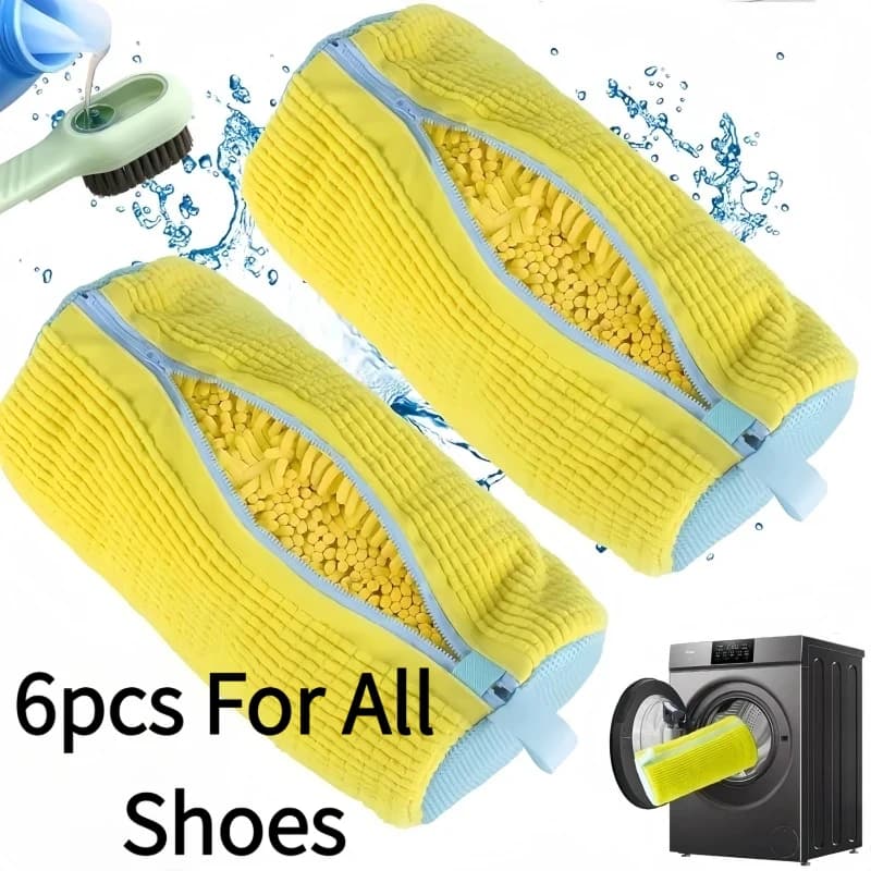 Set di 6 Sacchetti Gialli per Lavaggio Scarpe con Spazzola Liquida, Sacchetto Resistente per Lavaggio Scarpe e Spazzola con Setole Morbide per Tutte le Calzature