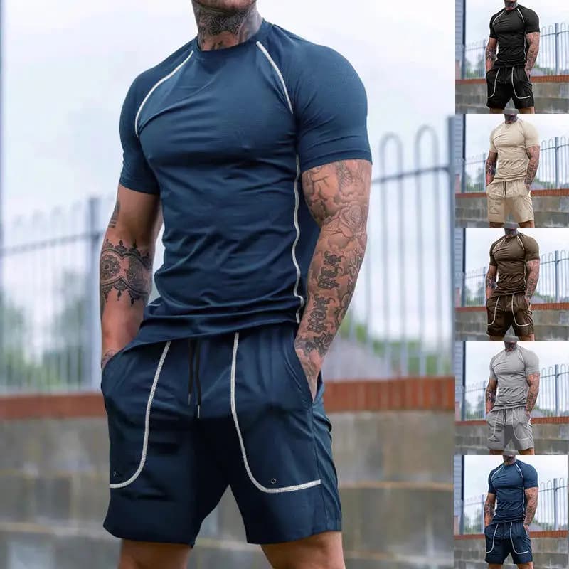 Completo Sportivo da Uomo a Maniche Corte per Corsa e Fitness, Set di Abbigliamento Aderente, T-Shirt e Pantaloncini, Moda Estiva Cross-Border