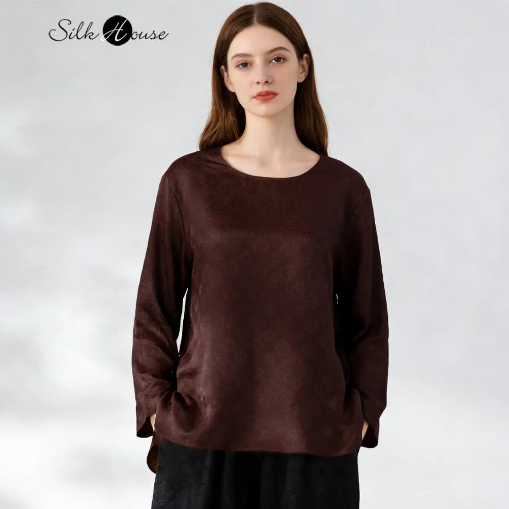 T-shirt da donna taglie forti, nuova collezione primavera, 100% seta naturale di gelso, filato rosso nuvola, girocollo, manica lunga, semplice e traspirante