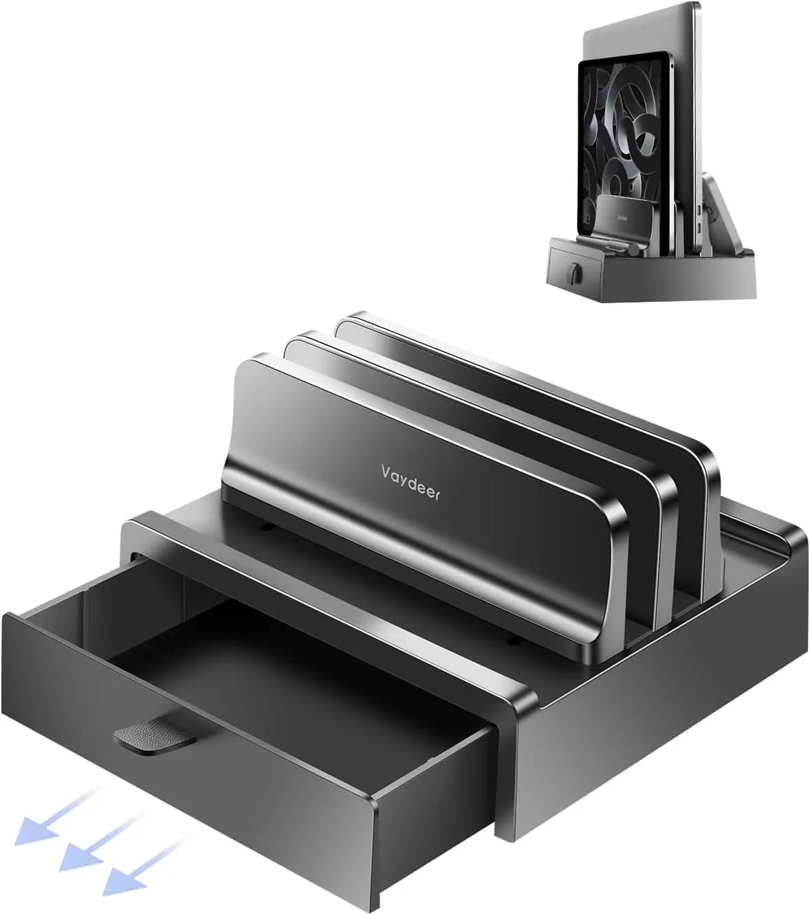 Supporto Verticale per Laptop a Doppio Slot con Cassetto Portaoggetti, Organizzatore Regolabile per Scrivanie, Salvaspazio