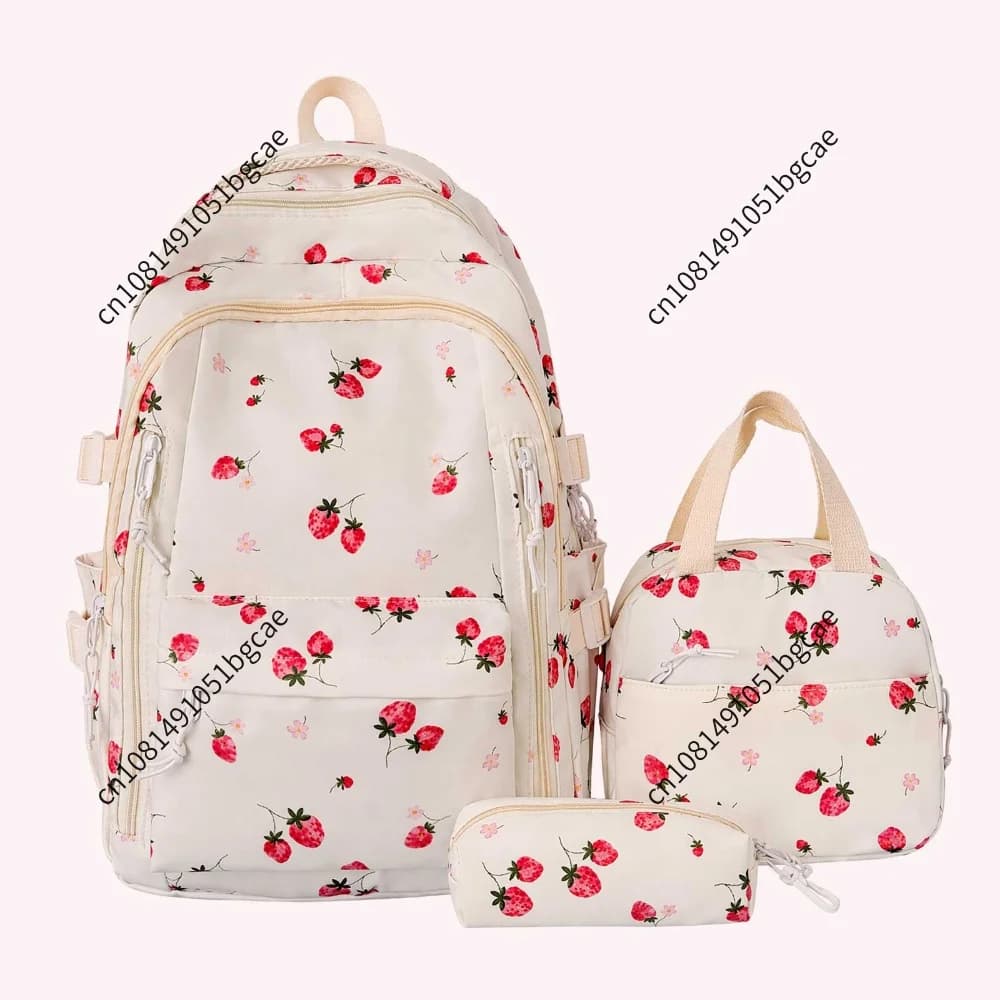 Strawberries Cute Kawaii Backpack Set with Lunch Box and Pencil Pouch Aesthetic Daypack Aesthetic Preppy Backpack for Teenagers