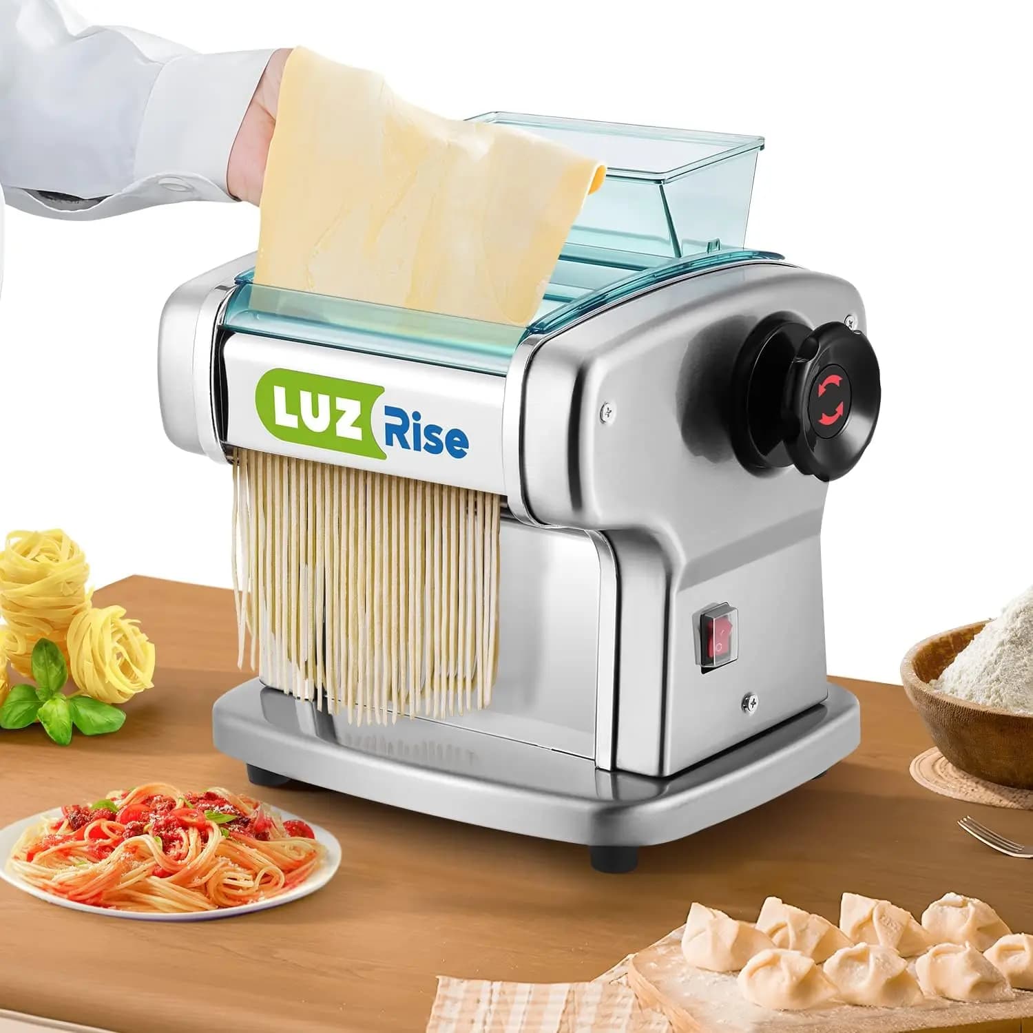 Macchina Elettrica per Pasta Fresca, Impastatrice Automatica con 2 Lame in Acciaio Inox per Pasta Rotonda 2,5mm e Piatta 4mm
