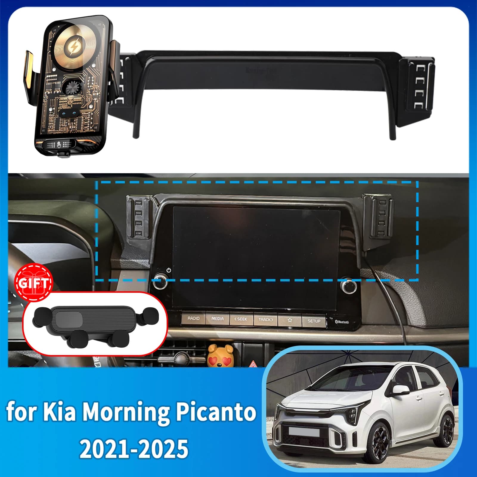 Per Kia Morning Picanto 2021-2023 2024 2025 ​ ​ Supporto per Telefono con Base Antivibrazioni e Schermo Integrato ​ ​ Auto Dedicata ​ ​ accessori