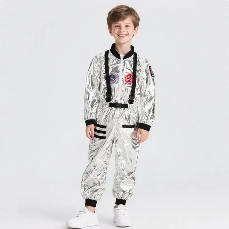 3-12Y Abito da astronauta con ricamo con cerniera a tema spaziale per ragazzi e ragazze Costume da gioco di ruolo per le vacanze Costume da viaggio cosmico