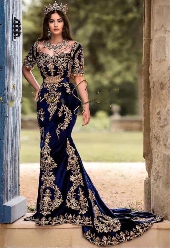 Abiti da sera a sirena araba di lusso Dubai maniche corte pizzo dorato abiti da cerimonia per feste di matrimonio classici personalizzati in velluto