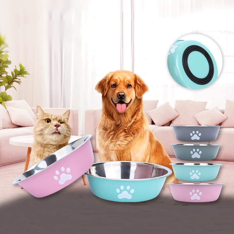 Stainless Steel Pet Feeding Bowl With Silicone Anti-Slip Base Paw Print Dog Cat Water Food Bowl Daily Pet Supplies
