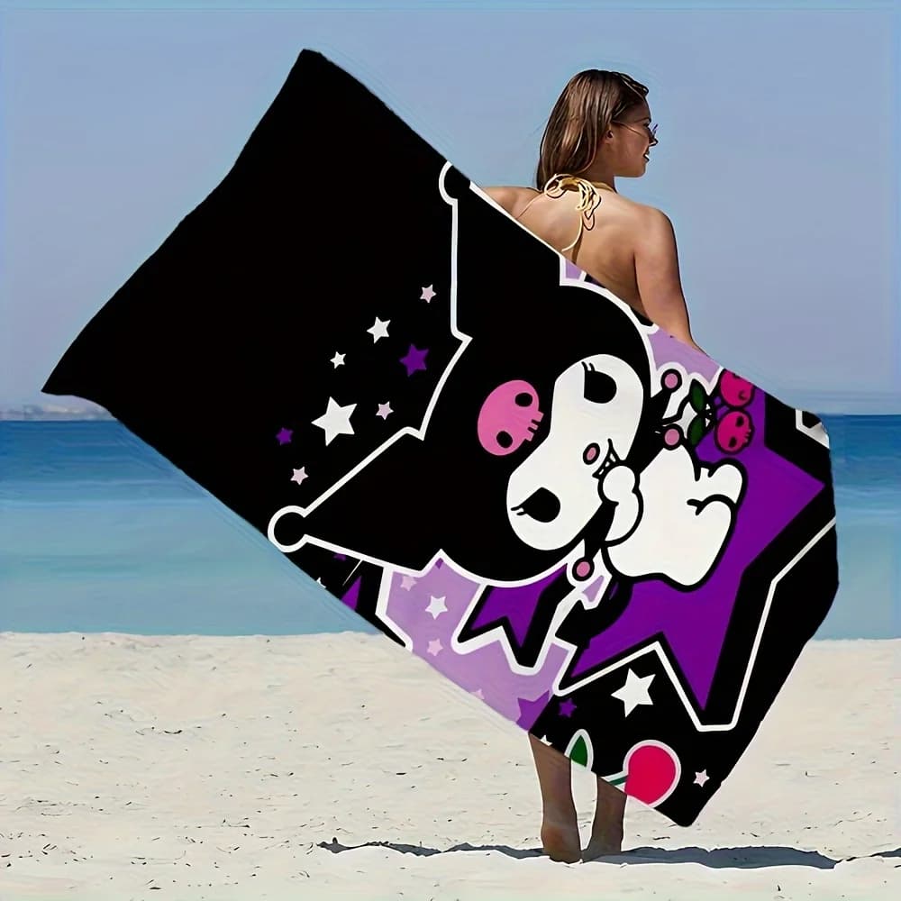 Asciugamano da Spiaggia Sanrio Kuromi - Asciugamano in Poliestere ad Asciugatura Rapida, Leggero e Morbido per Nuoto, Viaggi, Campeggio, Tappetino da Spiaggia Unisex