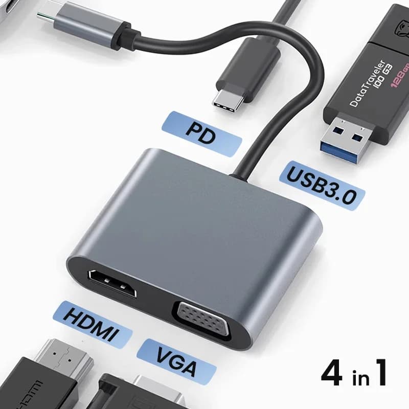 Hub USB C 4 in 1, adattatore HDMI VGA 4K con alimentazione USB 3.0 e 60 W, dongle tipo C per laptop MacBook Pro
