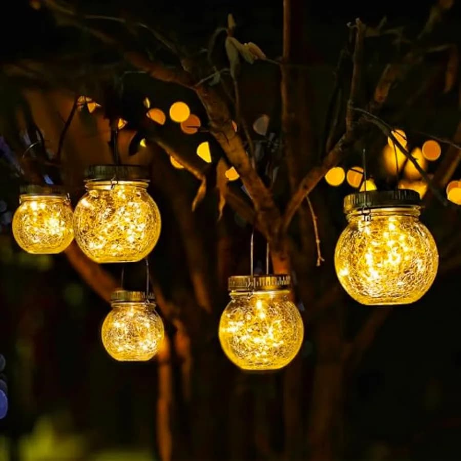 Lanterna Solare in Vetro Effetto Craquelé con 30 Luci LED Effetto Lucciola, Lampada da Esterno Impermeabile Sospesa, Pannello Solare 15% Più Grande, Antiruggine
