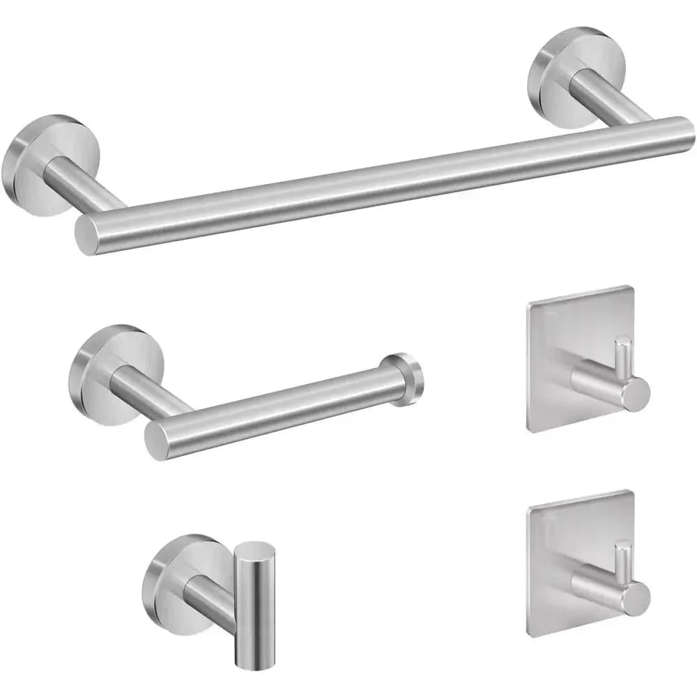 5-Piece Brushed Nickel Wall-Mounted Bathroom Hardware Set with Towel Bar, Toilet Paper Holder, and Robe Hooks