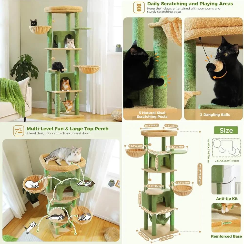Grande albero per gatti alto 70 pollici con amaca, tiragraffi, condomini e posatoi superiori, ideale per gatti di grandi dimensioni: mobili durevoli per gatti