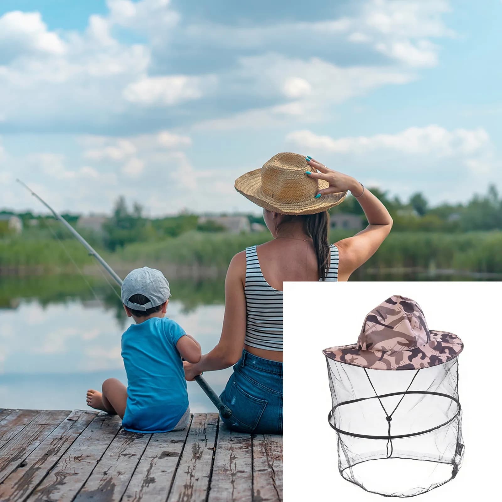 Cappello con Rete Anti-Zanzare per Esterni, Grigio Mimetico, Protezione Solare, per Pesca, Campeggio, Alpinismo, Pieghevole e Traspirante