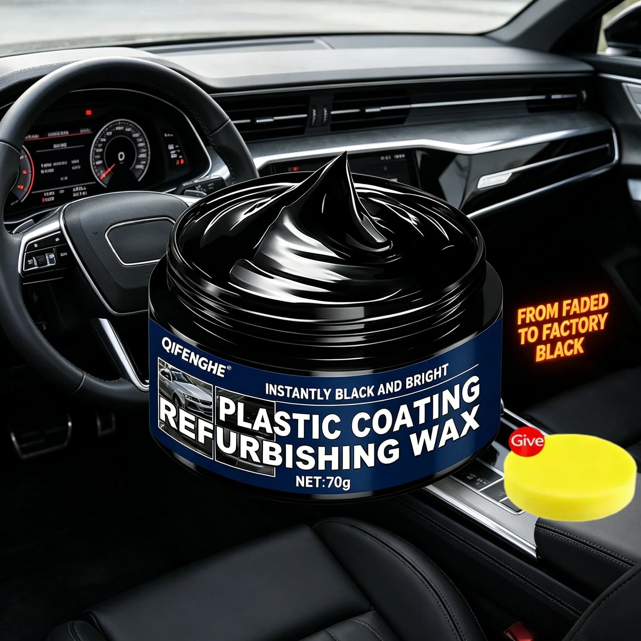 QIFENGHE Cera Rinnovante per Rivestimenti in Plastica 70g, Effetto Nero e Lucido Istantaneo per Parti Auto Sbiadite