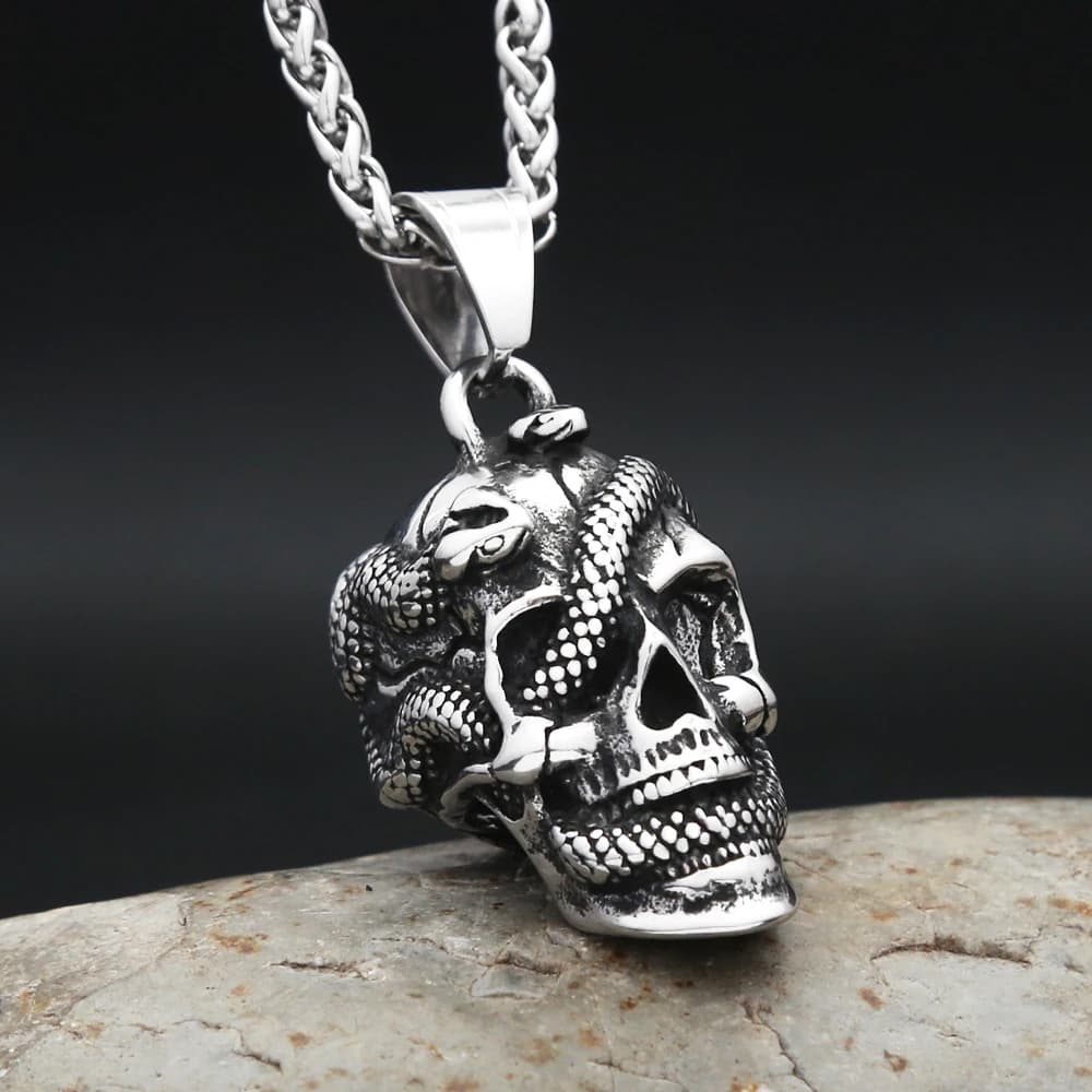 New Vintage Snake Winding Skull Pendant Necklace Men's 316L Stainless Steel Hip Hop Biker Skull Necklace Party Jewelry Wholesale