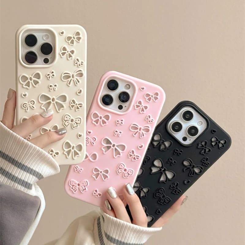 Custodia morbida in silicone scavata con fiocco 3D carino per iPhone 13 14 15 16 17 Cover posteriore per telefono Air Pro Max