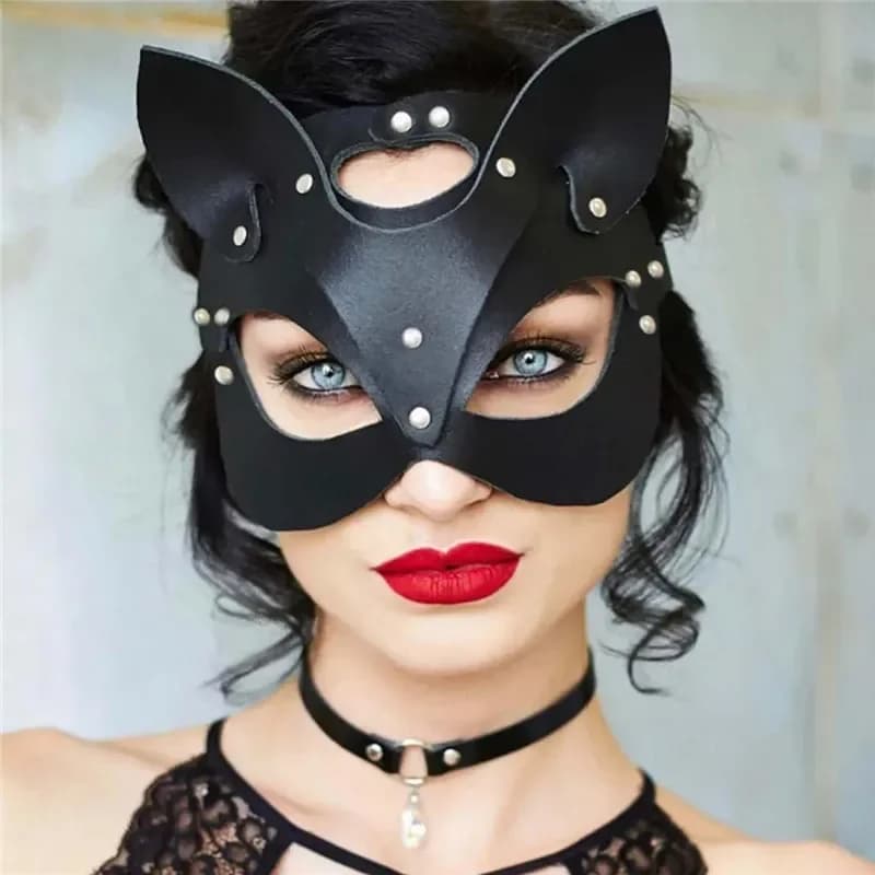 Maschera Cosplay Mezzo Volto Gatto in Pelle PU per Donna, Maschera Occhi per Halloween, Accessori per Giochi per Adulti