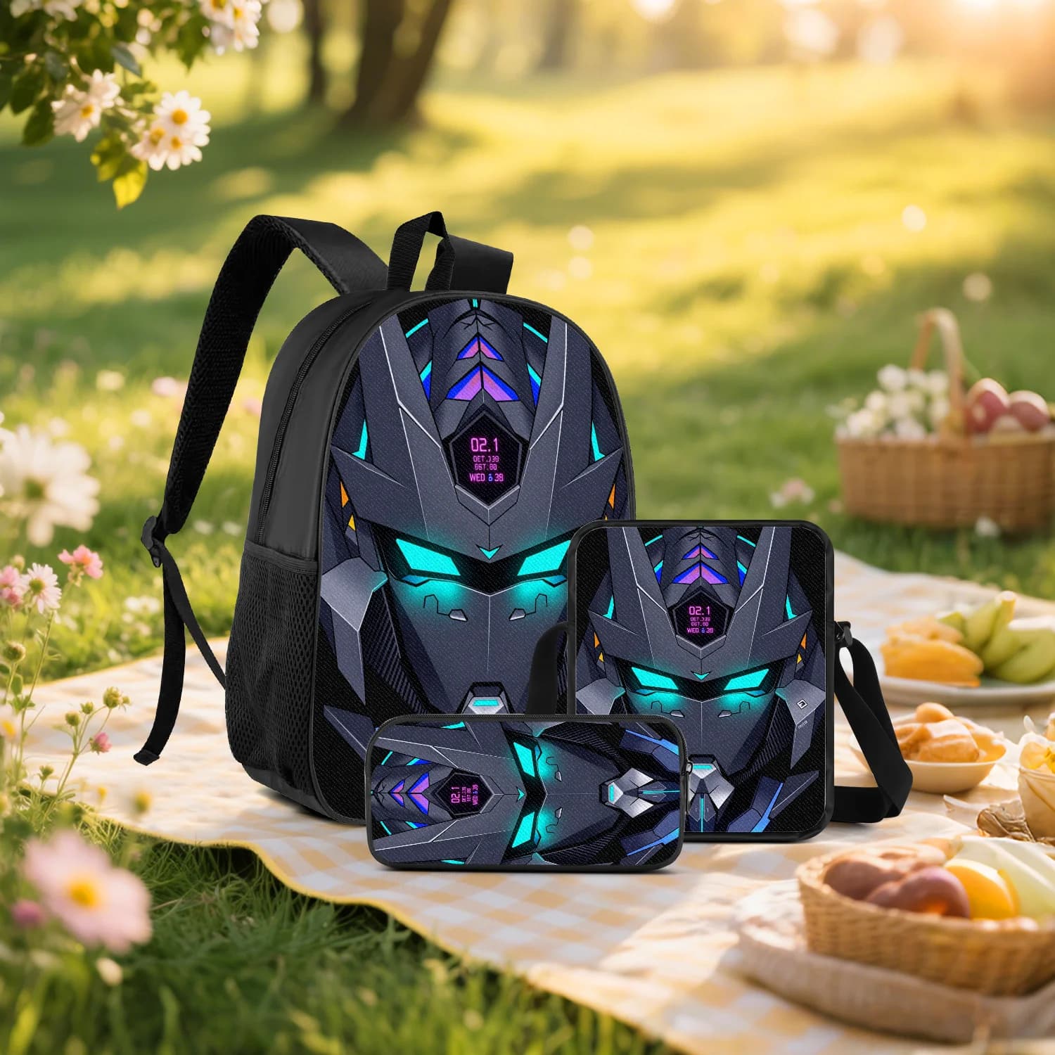 Cyan Glow Futuristic Mecha 3-Piece Backpack Set with Crossbody Bag Pencil Case for School Travel Daily Use