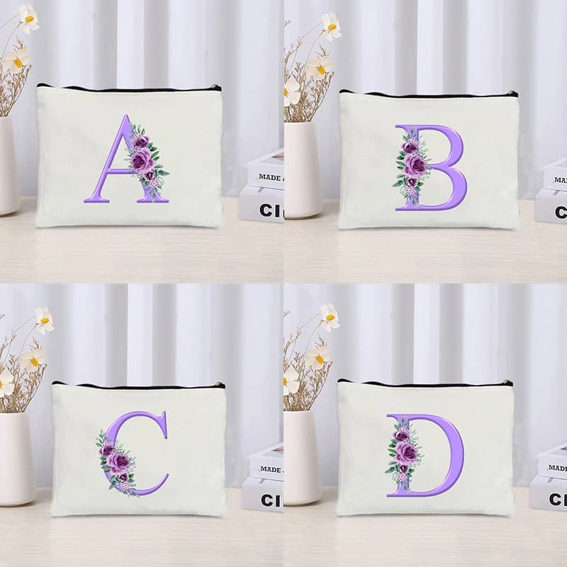 Initial Purple Flowers Bag for Cosmetics Travel Bags for Toiletry Bag for Perfume Lipstick Bags for Wedding Birthday Gifts