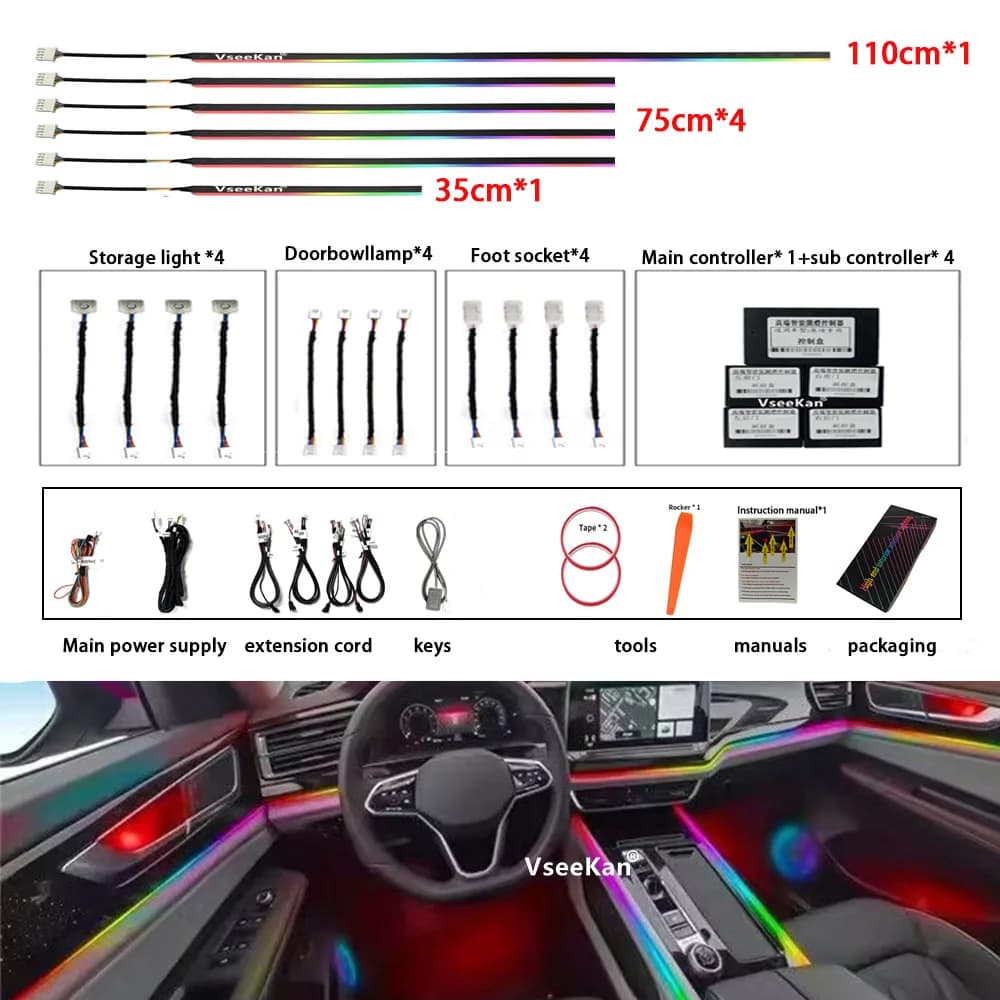 18 in 1 LED Symphony Luci ambientali Interni auto Streamer a colori RGB 64 colori Neon Acrilico Strip Decorazione Lampada per atmosfera