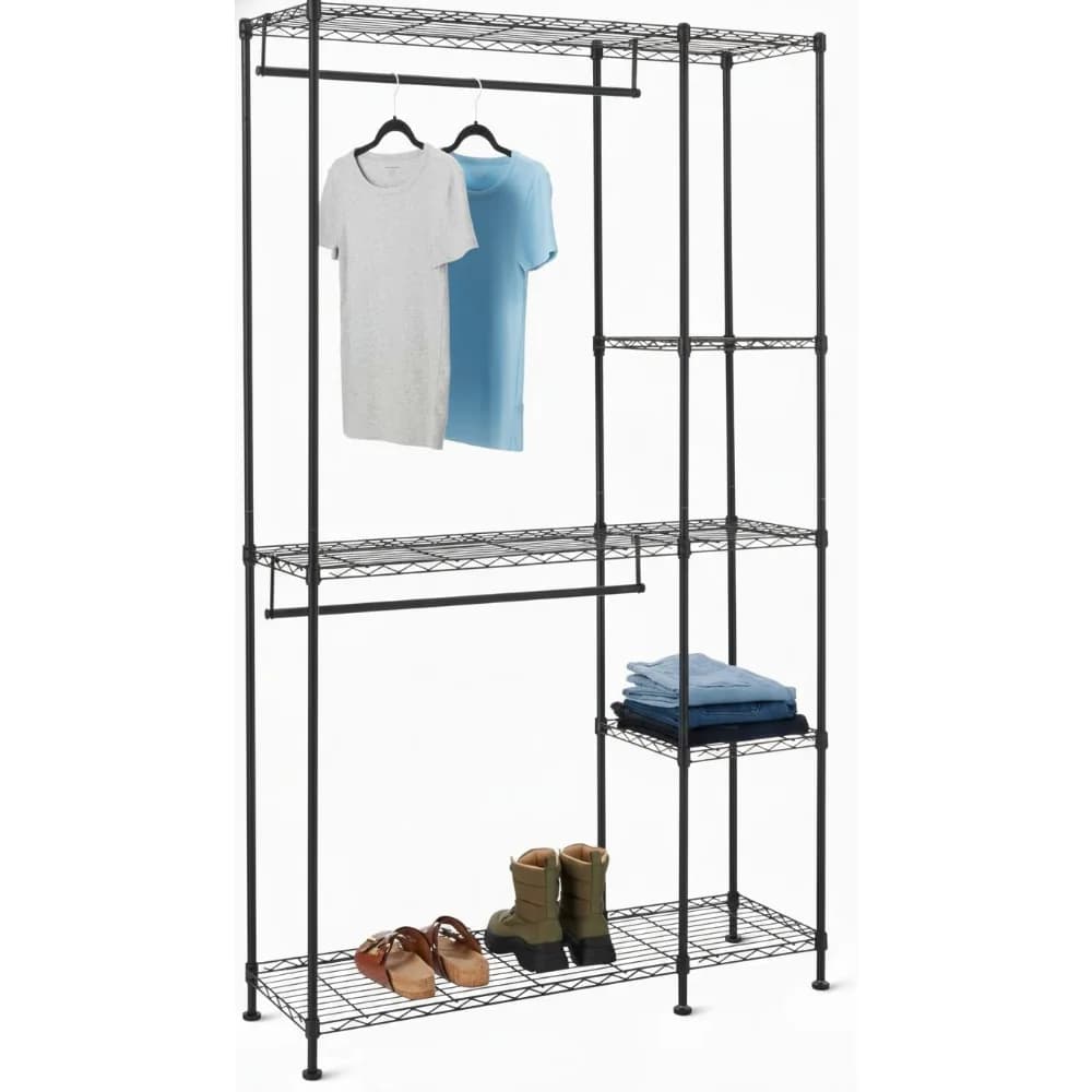 Durable metal wardrobe rack with shelves and rod for hanging, 45x14x76 inches - Space saving organizer for home and closet