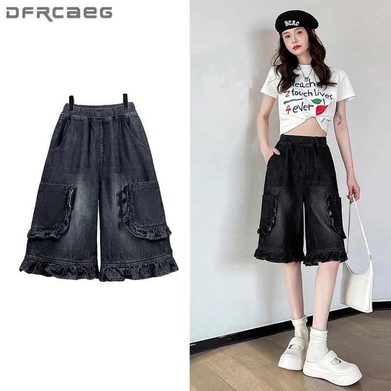 L-6XL Plus size summer jeans shorts for women 2025 New high waist Korean fashion Half length wide leg jeans shorts for women