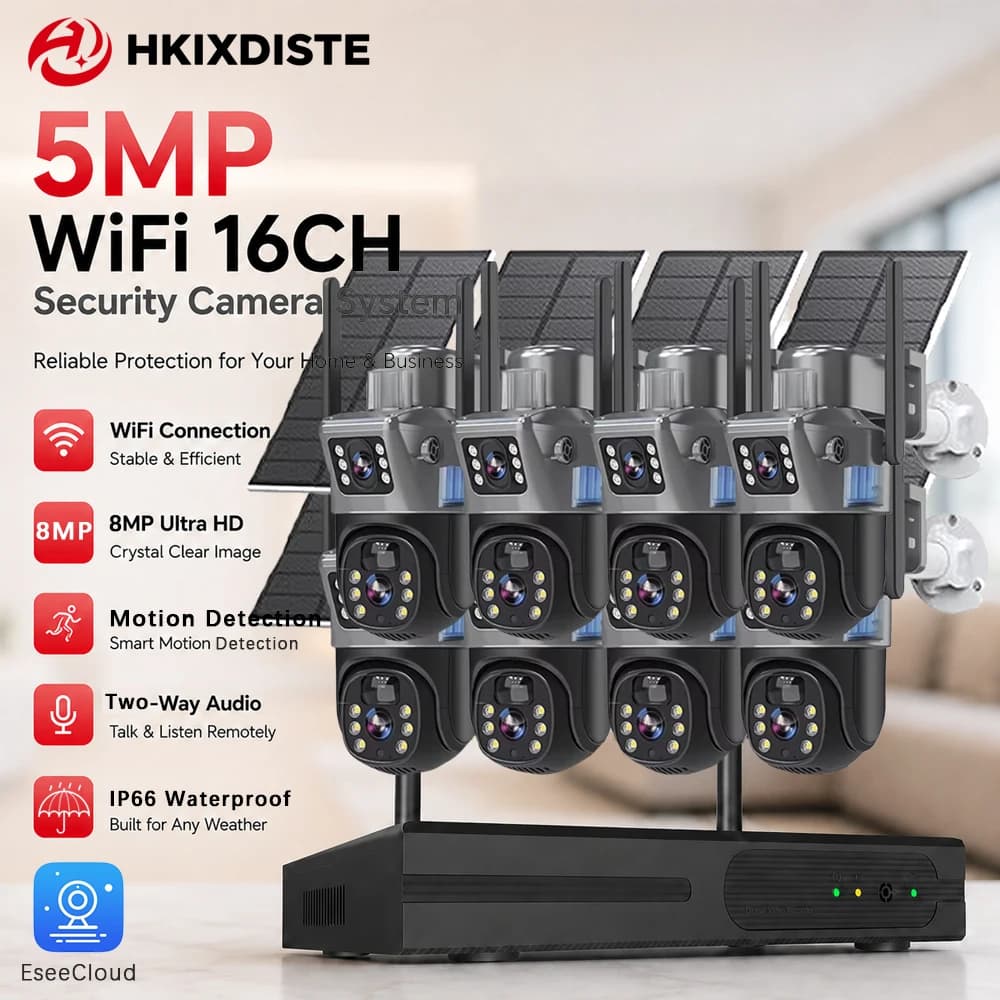5MP WiFi 16CH NVR Security 8MP Camera System Dual Lens Solar PTZ Camera Kit Two Way Audio Motion Alert IP66 Waterproof EseeCloud