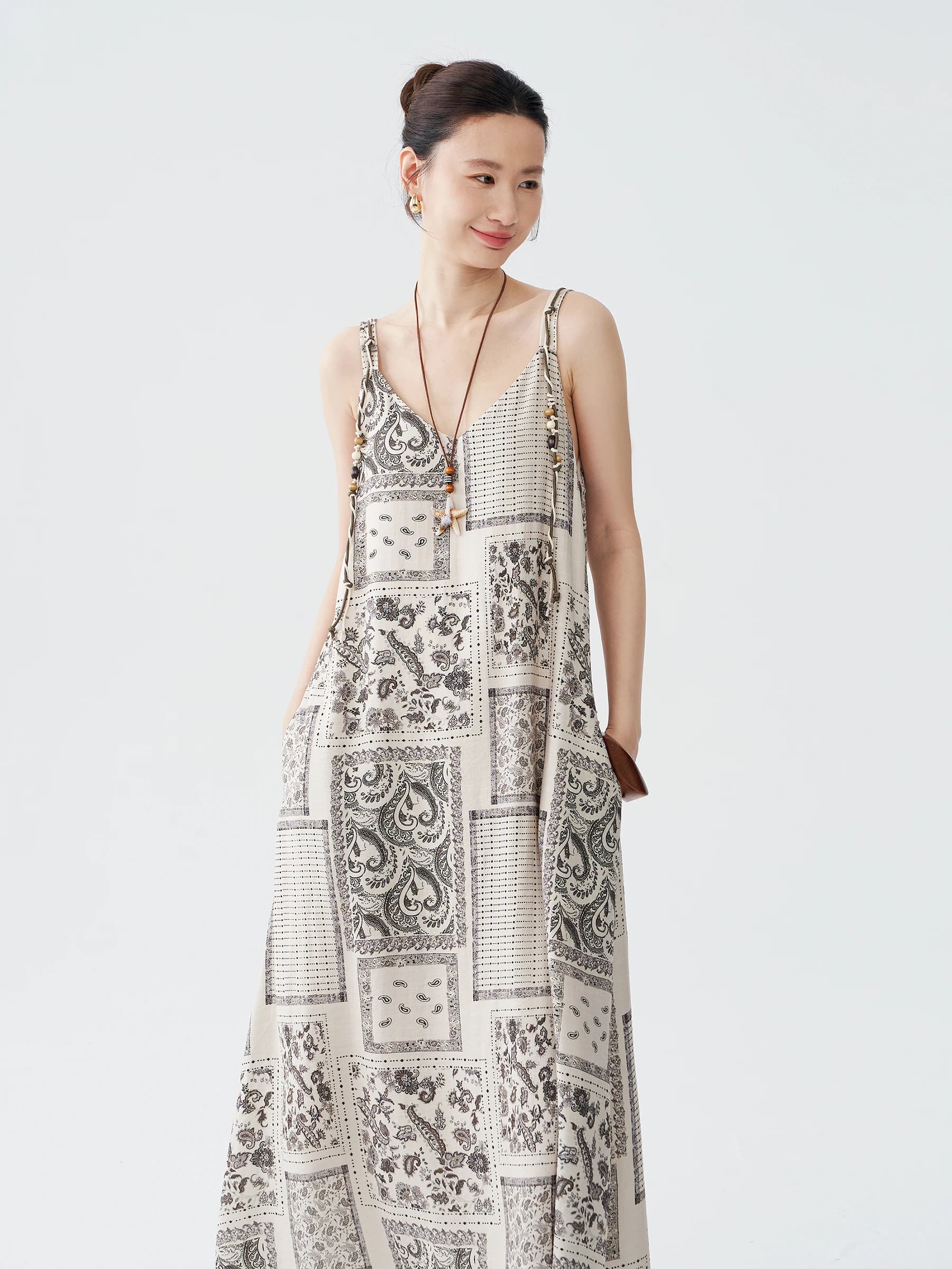 Summer V-Neck Bohemian Print Loose Women's Dress Beach Vacation Style Long Gown Design Sensation Casual Travel Casual Wear