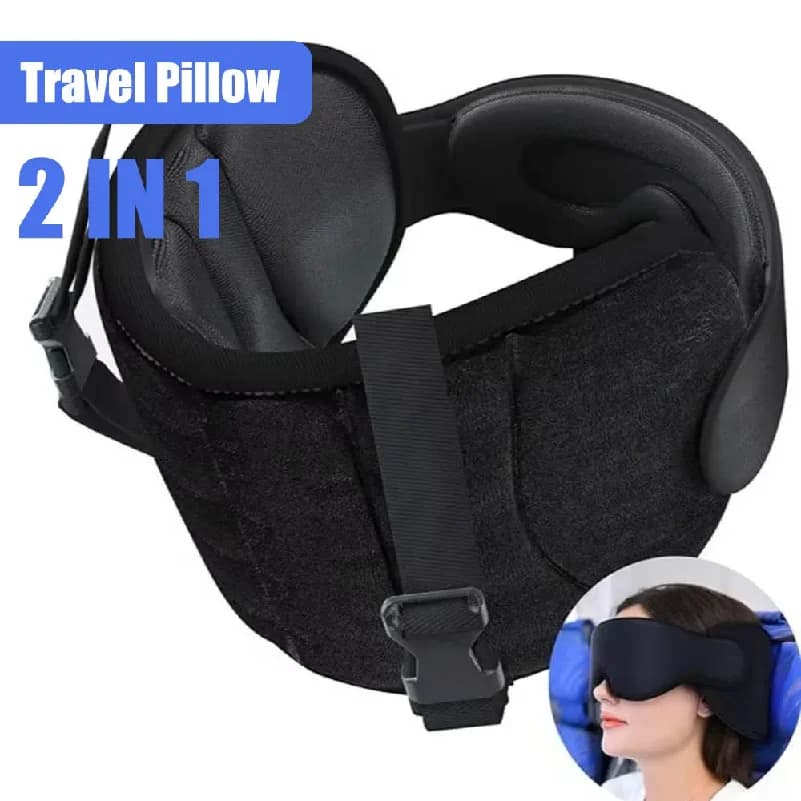 Travel neck pillow with eye mask breathable for sleep with integrated fixation and support light - blocking eye mask