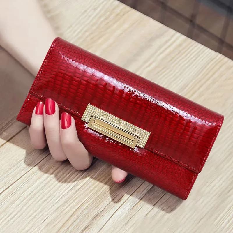 Portafoglio da donna in vera pelle con motivo alligatore, borsa lunga da donna in pelle di vacchetta, pochette porta carte decorata con diamanti
