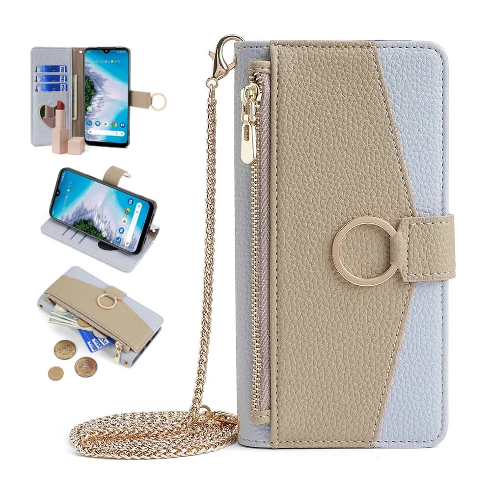 Custodia a Portafoglio con Cerniera a Specchio per Samsung Galaxy Wide 7 6 Quantum 5 Buddy 4 Jump 3 Jean 2, con Tracolla in Metallo e 3 Scomparti per Carte in Pelle