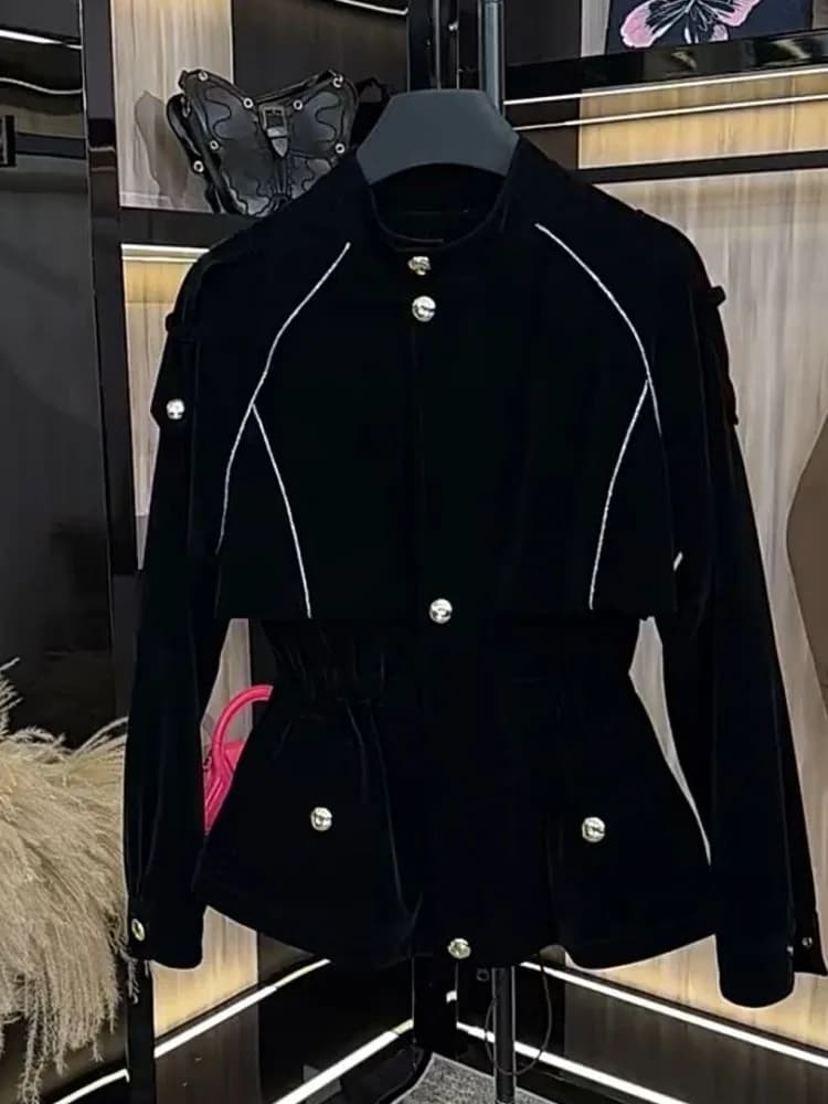 Giacca da donna a maniche lunghe con collo alto, sensazione di tendenza applicabile per la primavera e l'autunno, set alla moda a vita alta