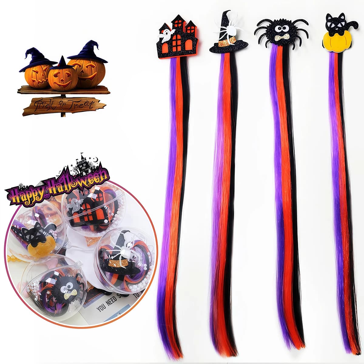 Halloween-Themed Creative Hair Clip Extensions, Two-Tone Synthetic Hair Alligator Clip Extensions, for Festivals and Parties