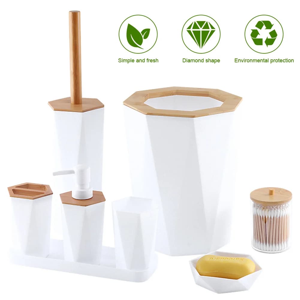 Set da bagno da 8 pezzi con portabicchieri Dispenser per piatti Contenitore per spazzole Set da bagno - Dispenser per portasapone Pattumiera Spazzola per WC