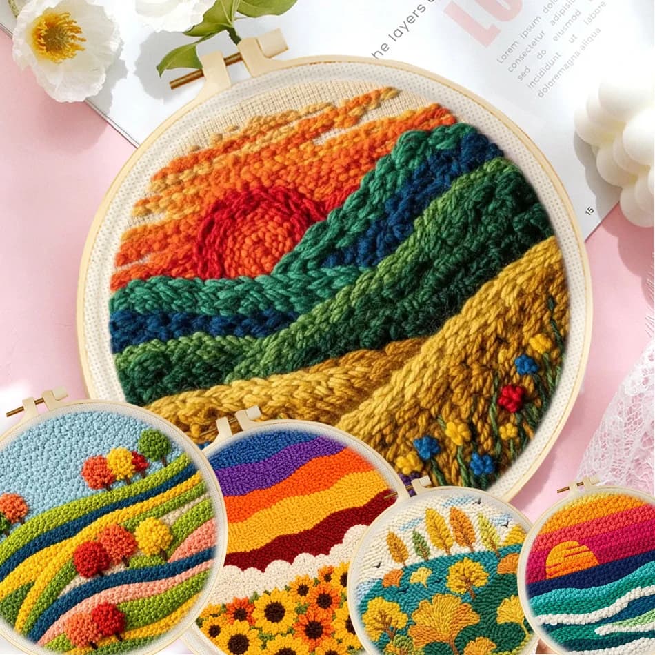 Punch Needle Kits for Beginners Sunset Autumn Scenery With Hoop Punch Needle Starter Craft Painting Art Embroidery Set
