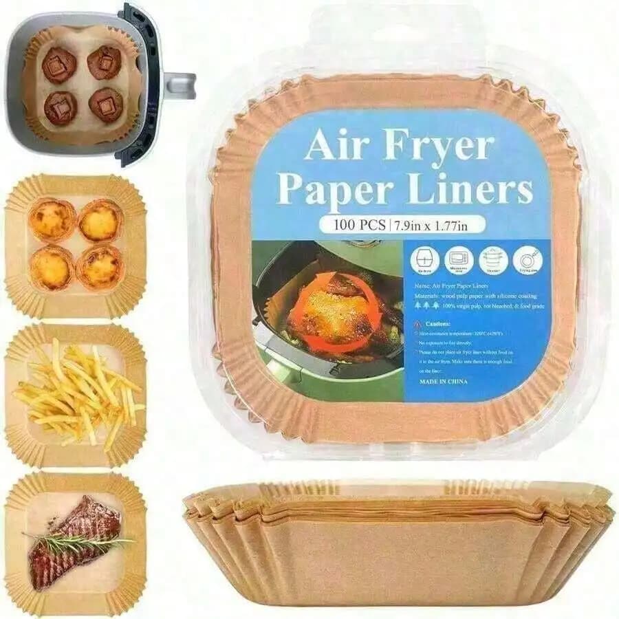 Fogli di carta da forno antiaderenti usa e getta, 100 pezzi di rivestimenti quadrati per friggitrice ad aria da 8-9 pollici, resistenti all'olio per friggitrice ad aria, microonde e cucina quotidiana, accessori da cucina perfetti che si abbinano al tappeto della tua cucina