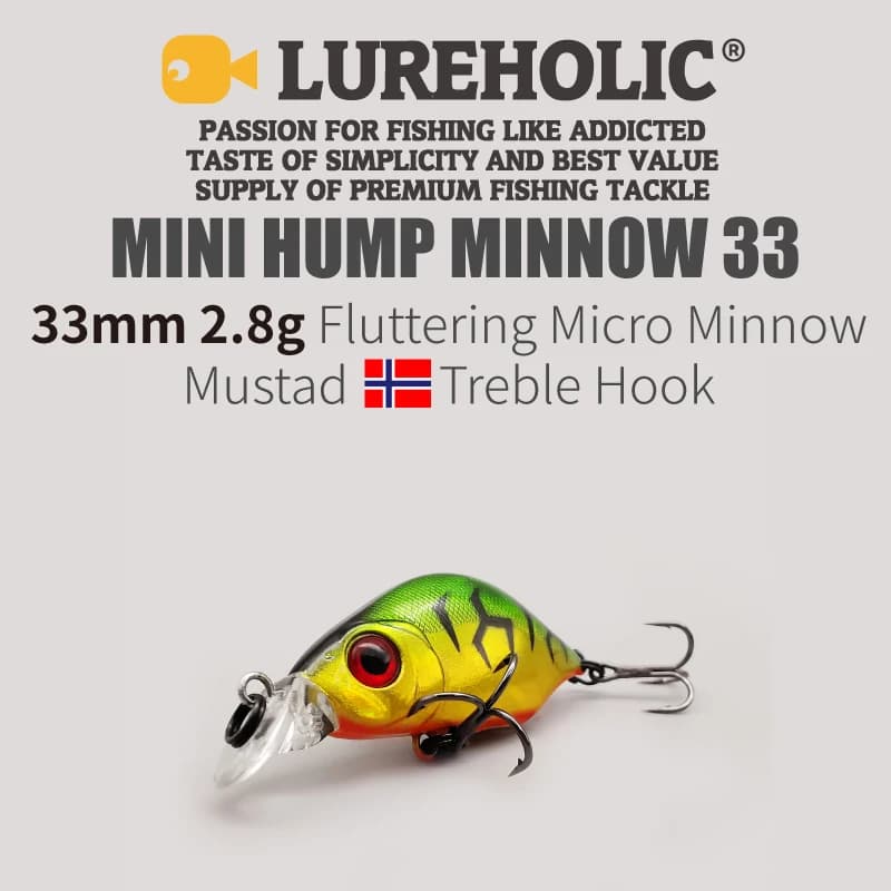 LUREHOLIC 33mm 2.8g Micro Minnow svolazzante con Mustad Treble Hook Mini Gobba Affondamento Minnow Finenes Esca dura Richiamo di pesca