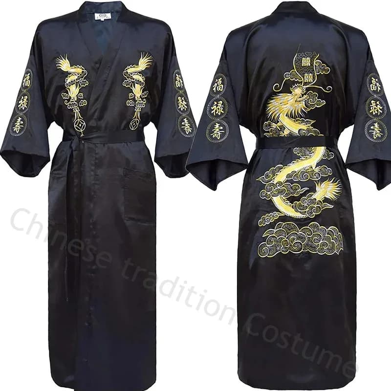 Classic Chinese style dress dragon embroidered Kimono man Homewear long nightdress satin dress wide loungewear